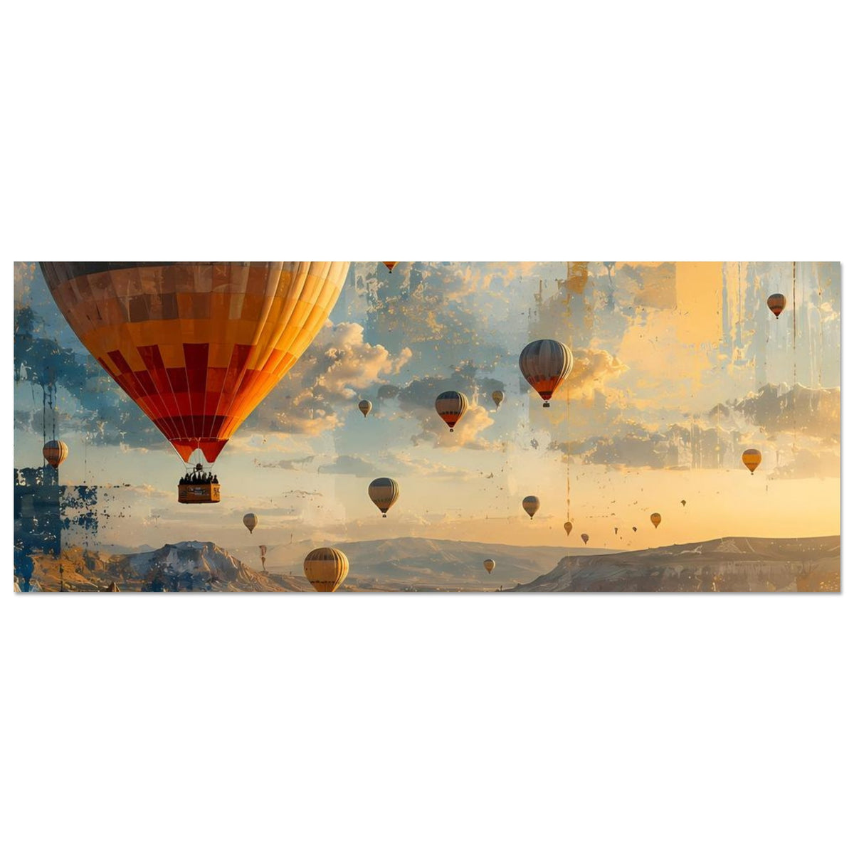 Querformat-Landschaftsposter mit Heißluftballons am goldenen Horizont
