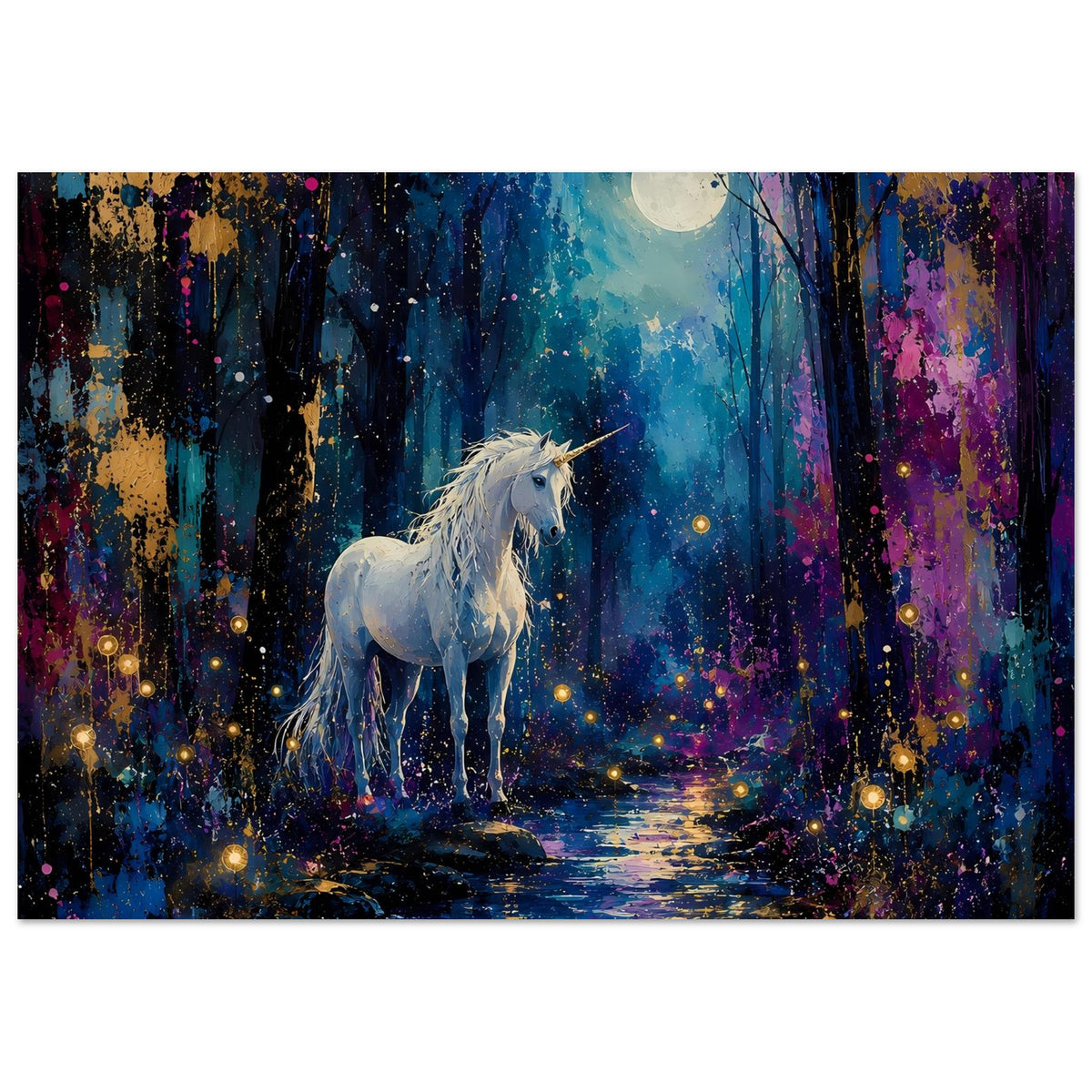 Querformat-Poster mit weißem Einhorn im Mondlicht, Wald und Lichtpunkte