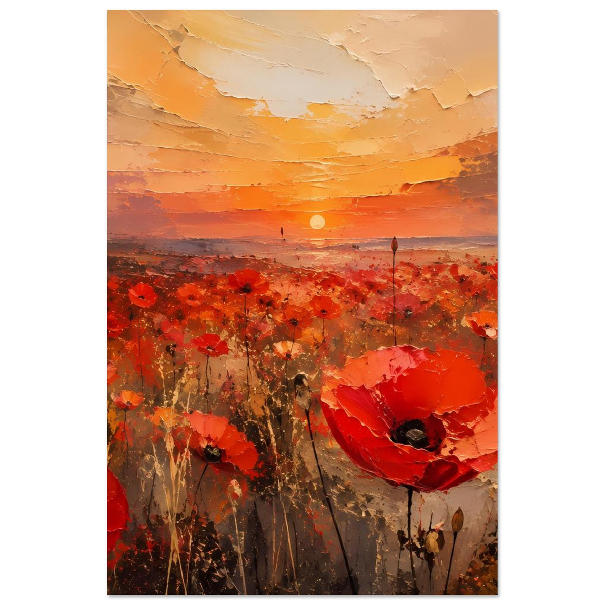Poster mit roten Mohnblüten im Vordergrund und orangefarbenem Abendhimmel