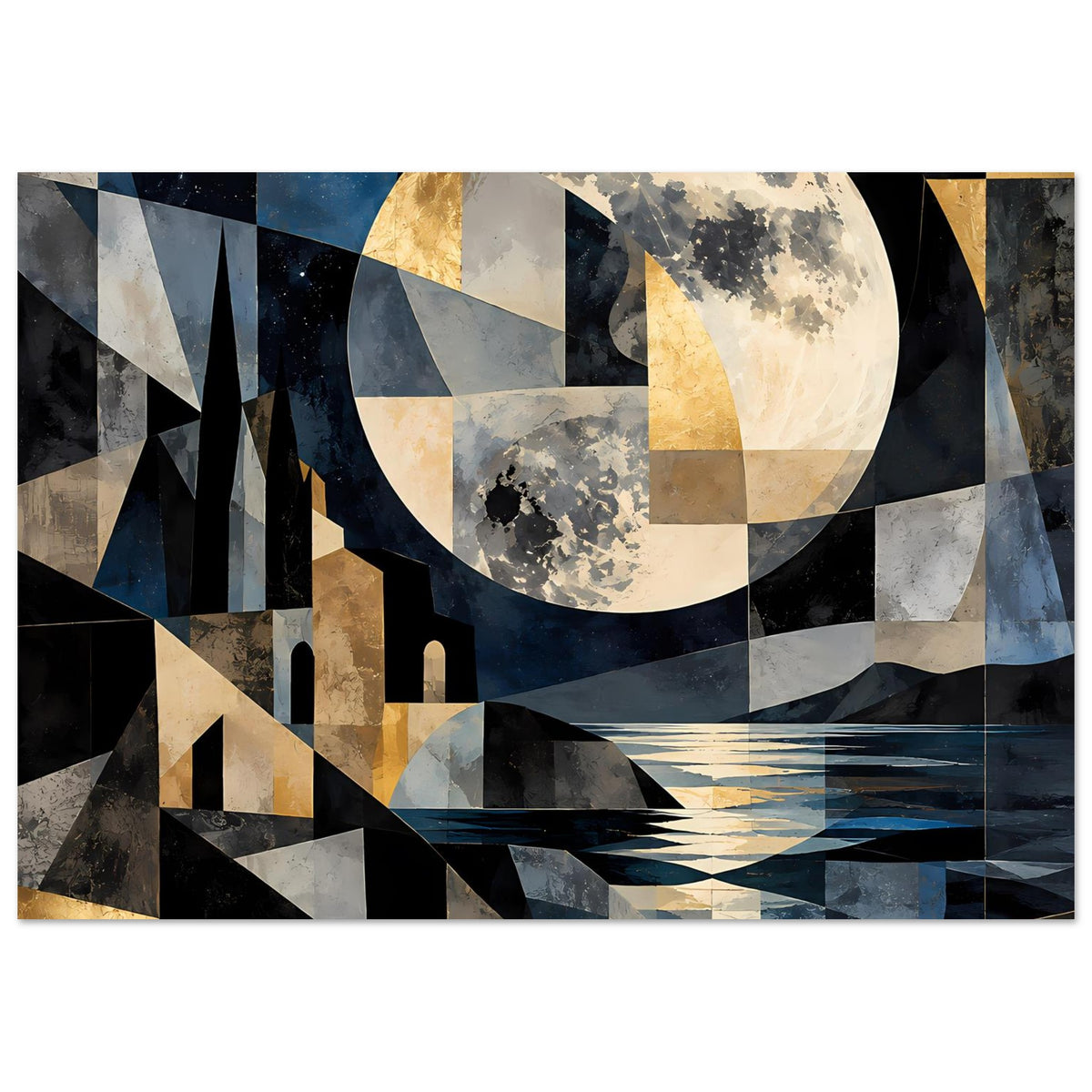 Poster im Querformat mit geometrischer Mondlandschaft, abstrakter Burg und Brücke in Blau/Grau/Gold
