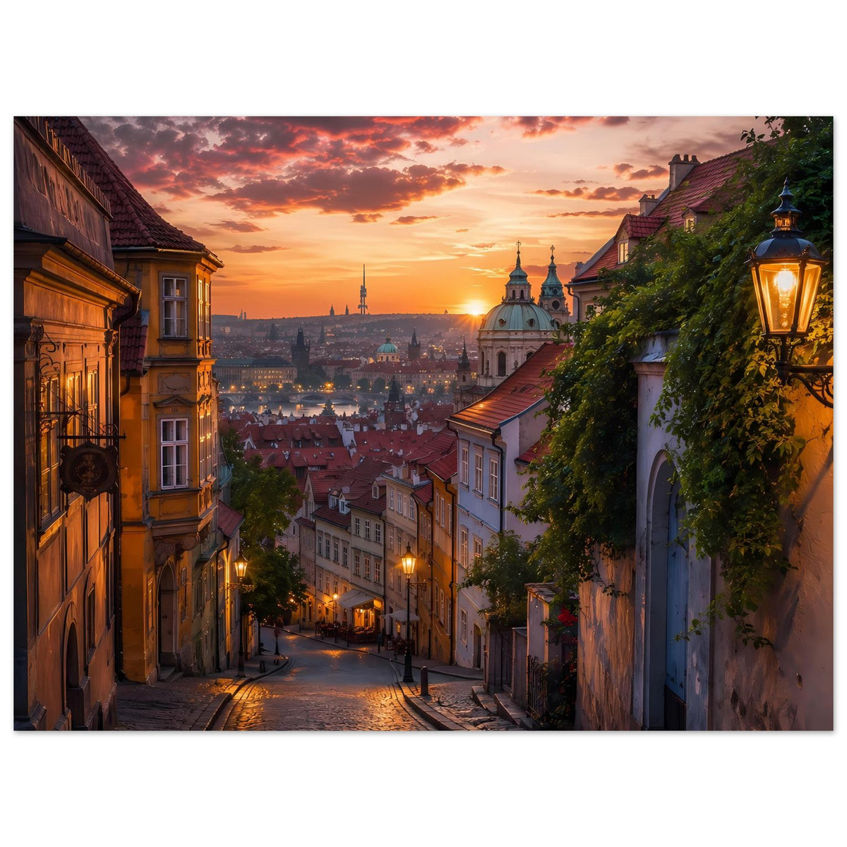 Stadtansicht-Poster im Querformat: Gasse mit Kopfsteinpflaster, Laternen und Sonnenuntergang