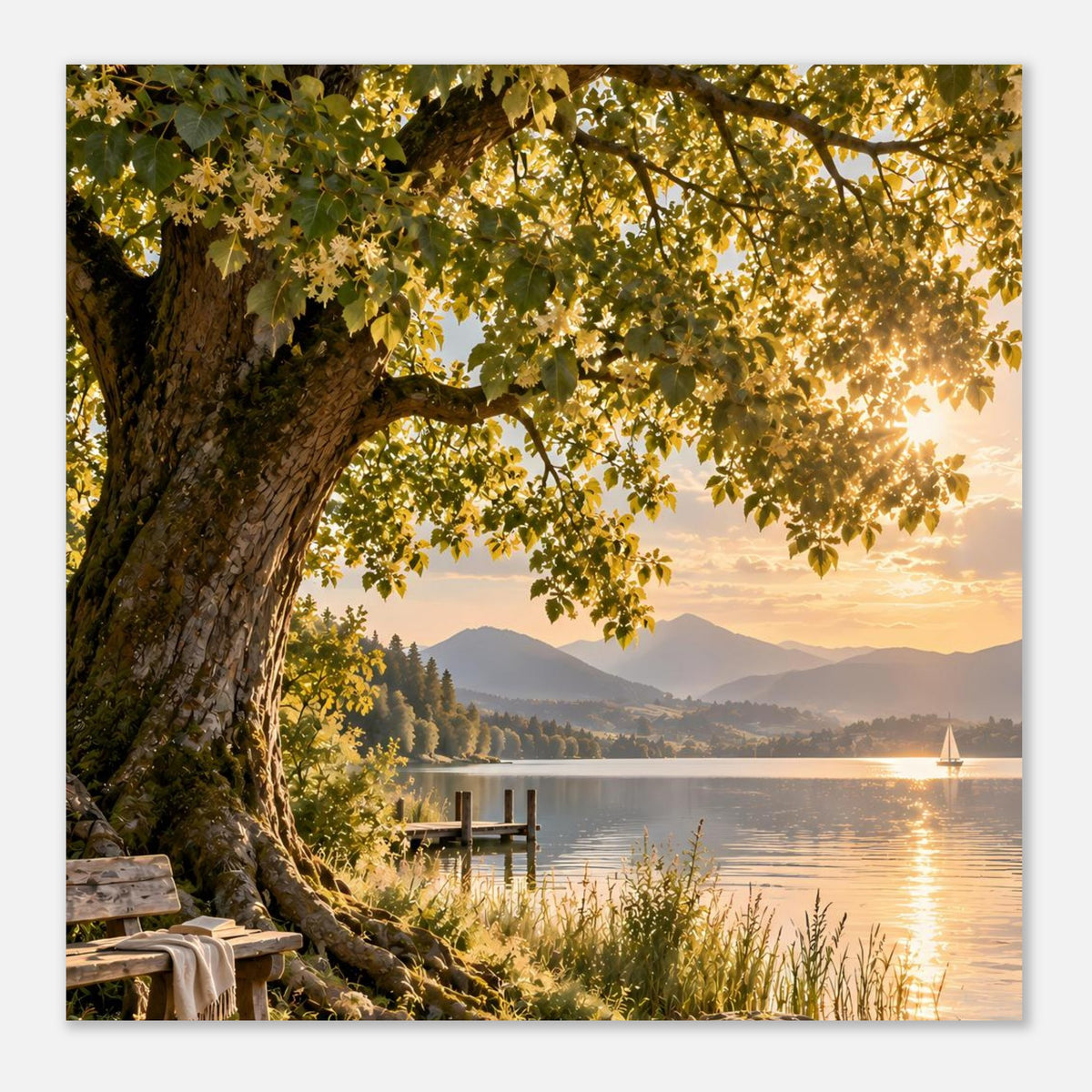 Naturposter im Detail: Baumkrone über See mit Steg, warmem Licht und Bergen