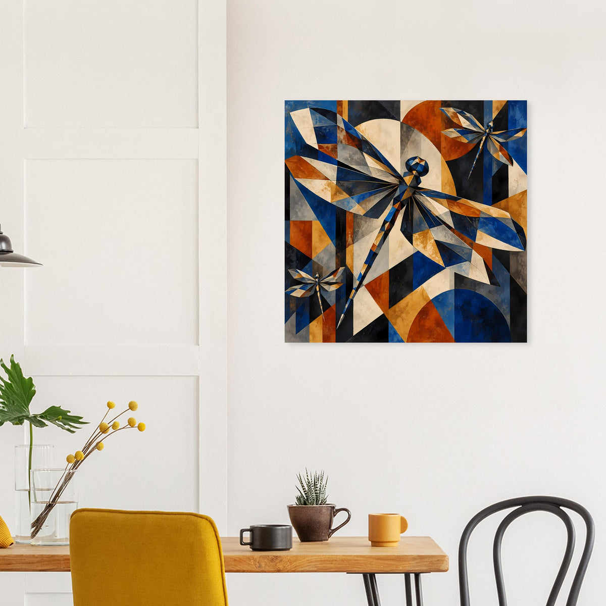 Kunstposter mit geometrischen Libellen in Blau und Kupfer, vorne im Blick