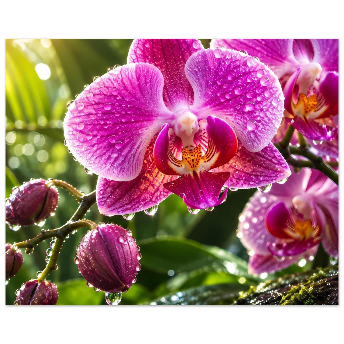 Blumenposter mit großen pinken Orchideenblüten und glitzernden Wassertropfen auf Moos