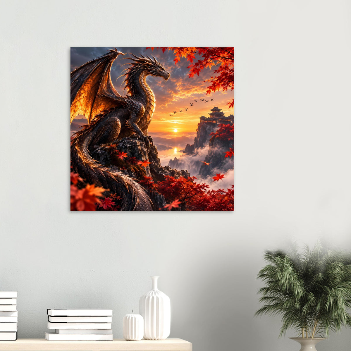Quadratisches Poster: dunkler Drache vor orangefarbenem Sonnenuntergang und roten Blättern