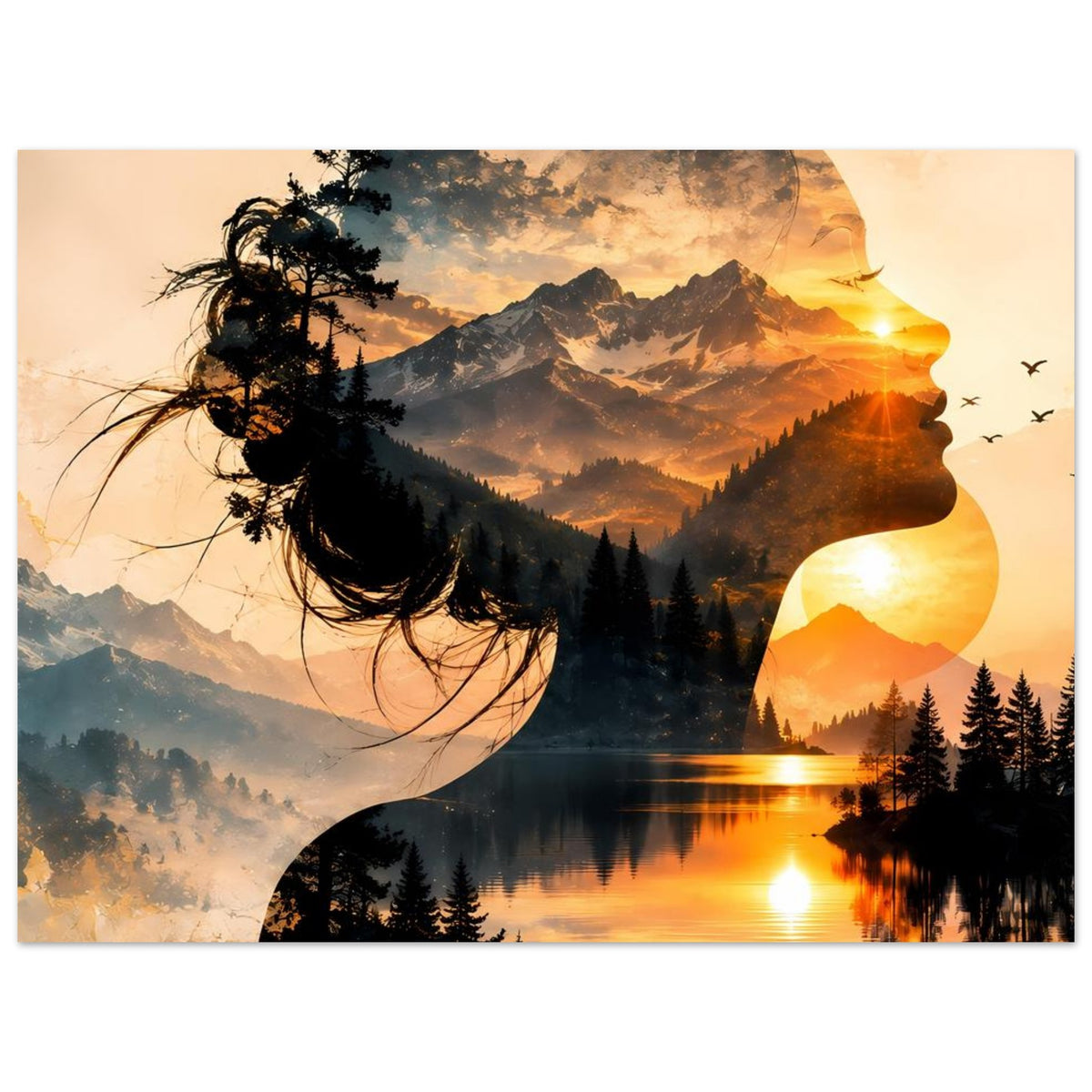 Doppelbelichtungs-Poster: Frauensilhouette über Bergsee bei Sonnenuntergang, Querformat