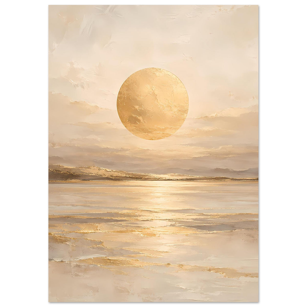 Vertikales beiges Kunstposter mit goldener Kreis-Sonne und spiegelndem Wasser