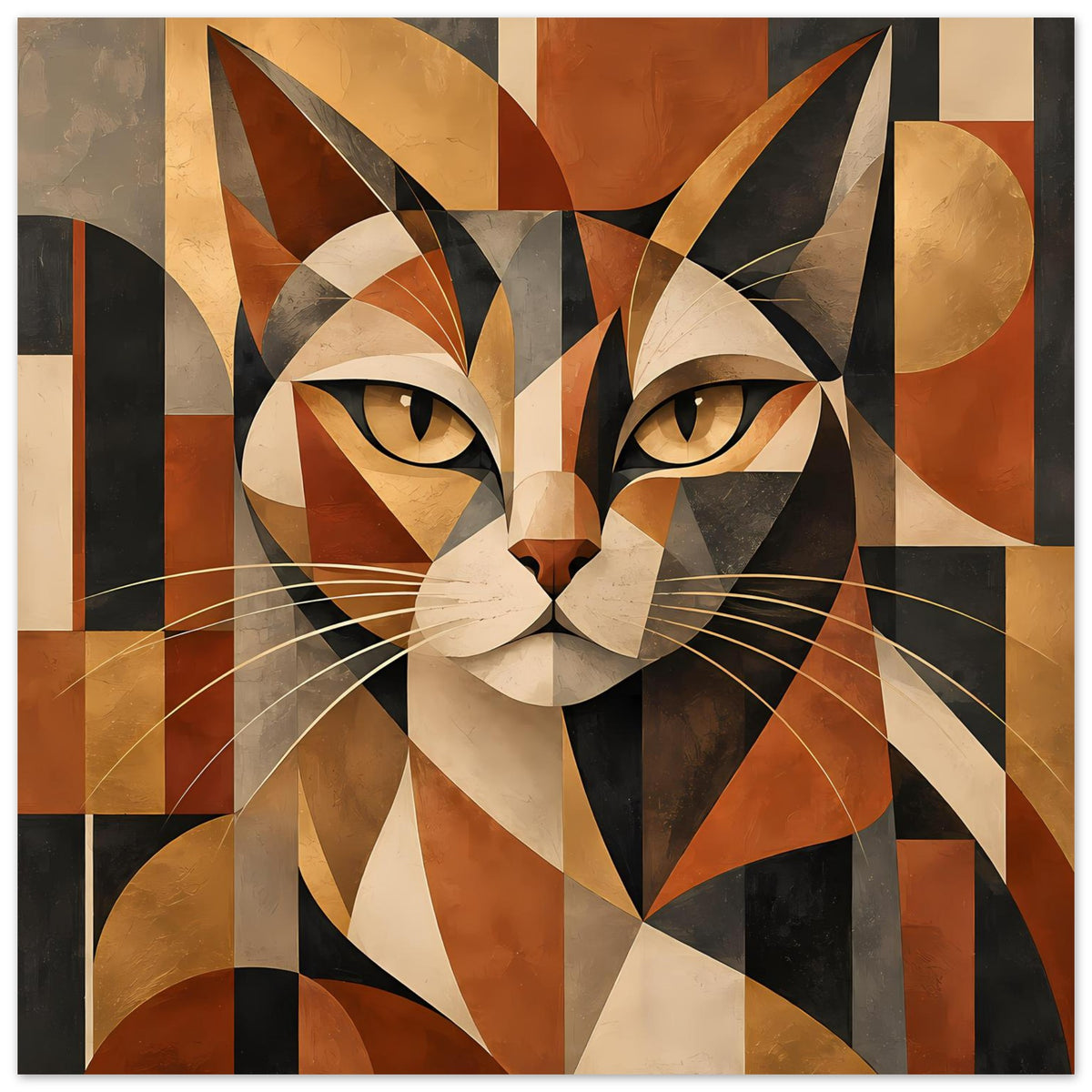 Hochformatiges Poster mit geometrischer Katze in warmen Erdtönen, ausgearbeitete Augen und Schnurrhaare