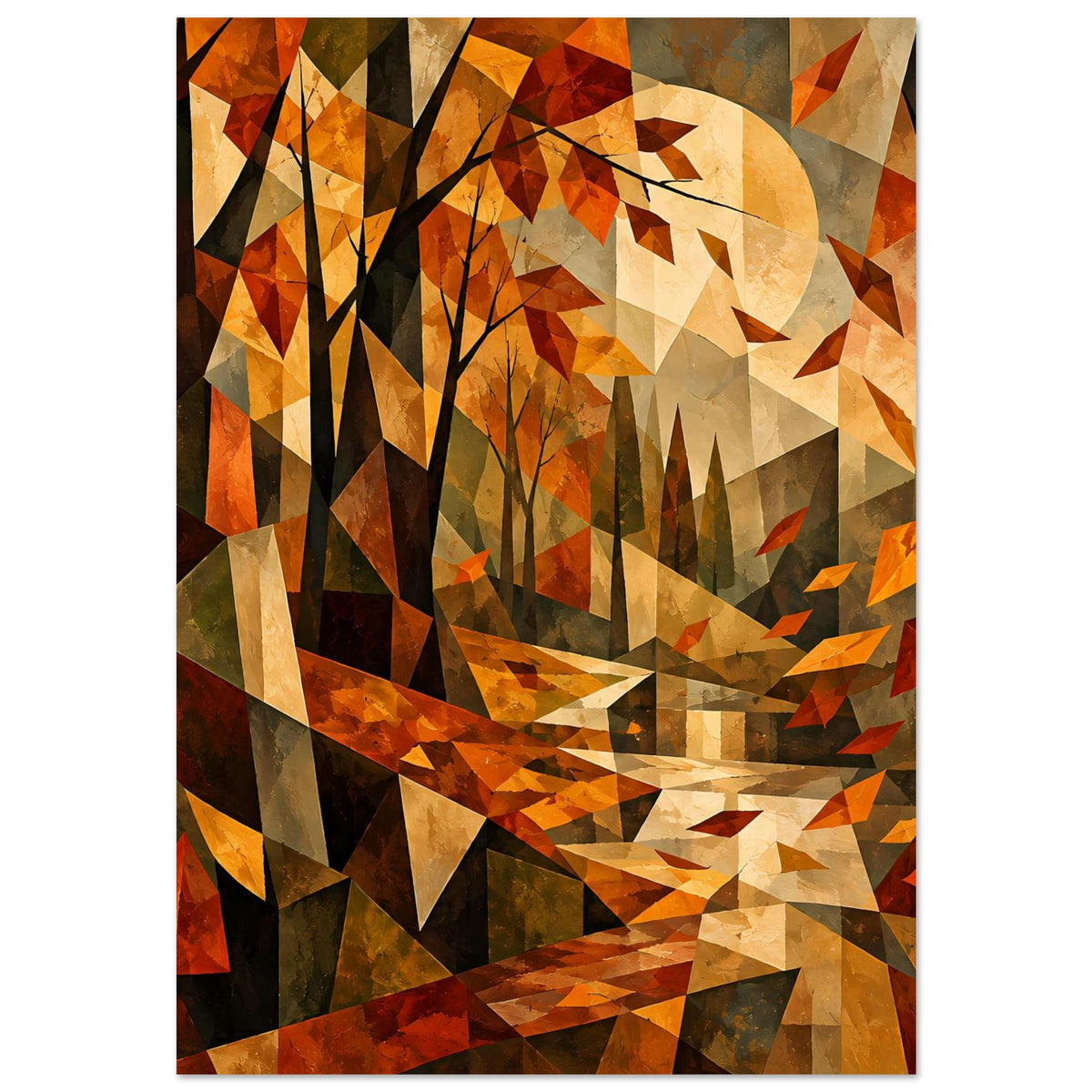 Kubistisches Herbstlandschafts-Poster (Hochformat) mit gelb-orangem Baumstamm und Blättern