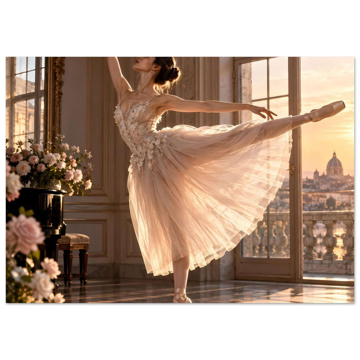 Poster: Ballerina in beigem Tutu, ausladender Rock bei ausgestreckter Pose