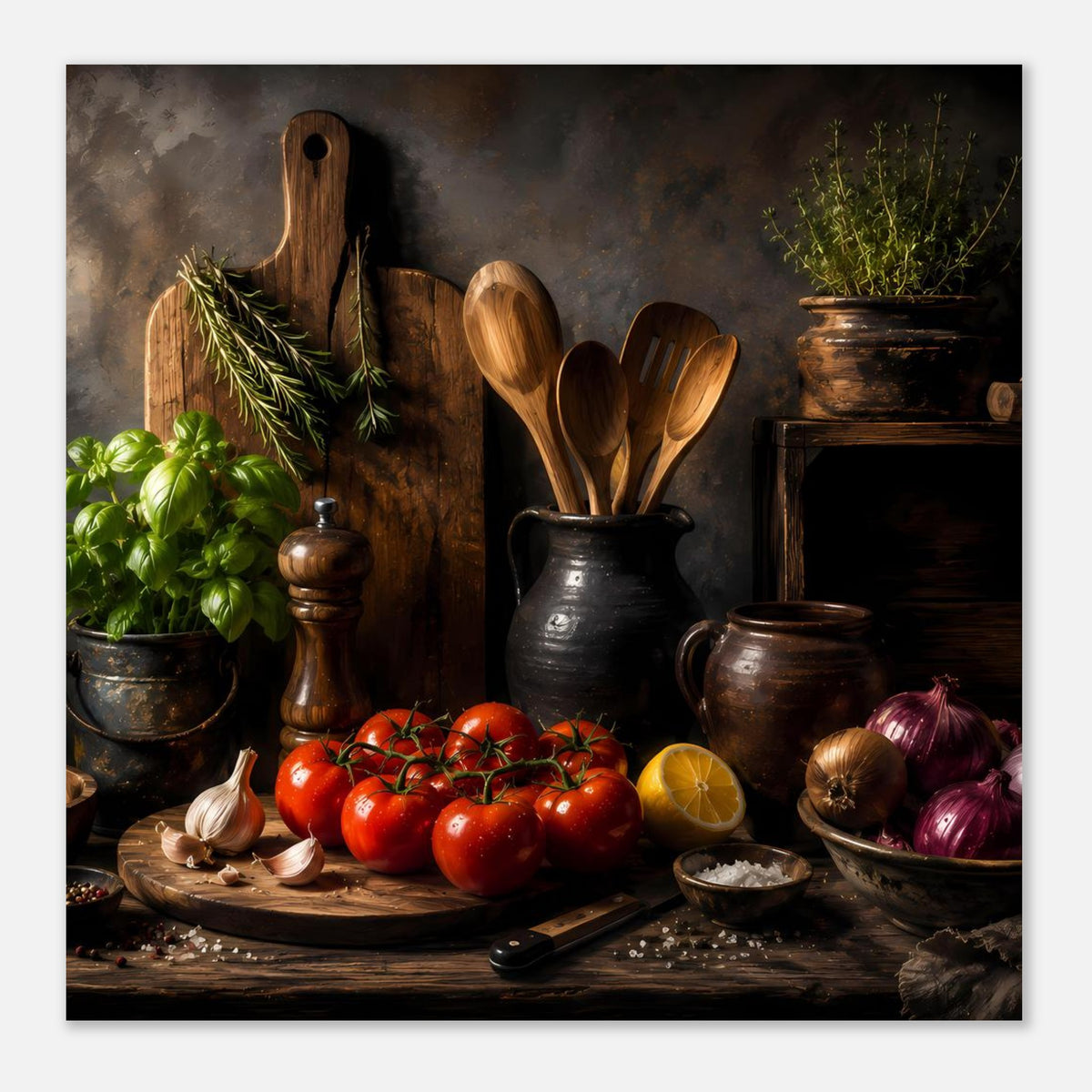 Querformat-Poster mit Küchenstillleben: Fokus auf Tomatenplatte, Holzlöffel im Krug, Kräuter