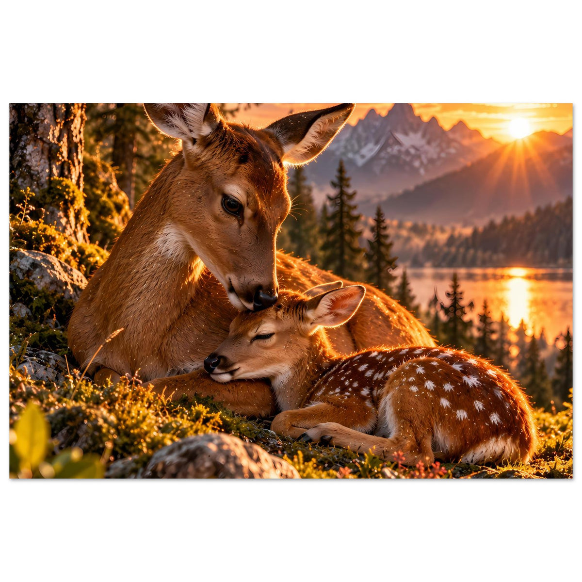 Poster mit zwei Rehen im Sonnenuntergang, warm beleuchtet, Waldlandschaft