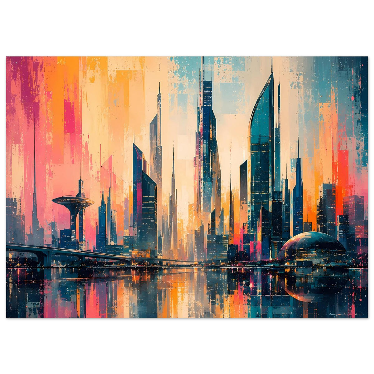 Horizontales Stadtbild-Poster mit Wolkenkratzern und Kuppelgebäude, Spiegelung im Wasser