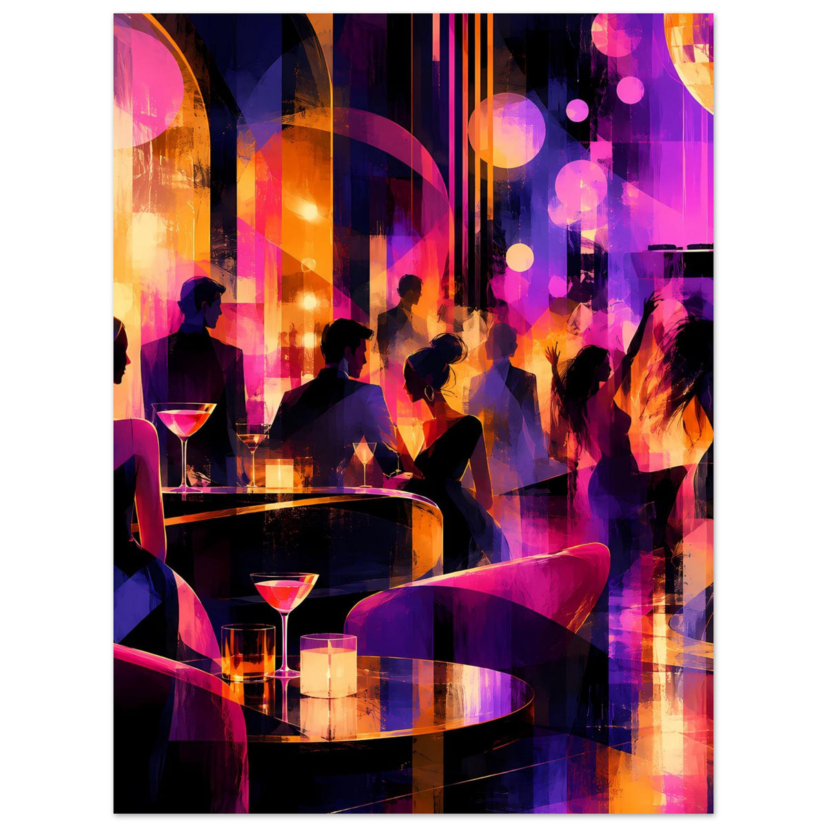 Nachtleben-Poster mit Personen an Tischen, Cocktailgläsern und leuchtenden Farben.