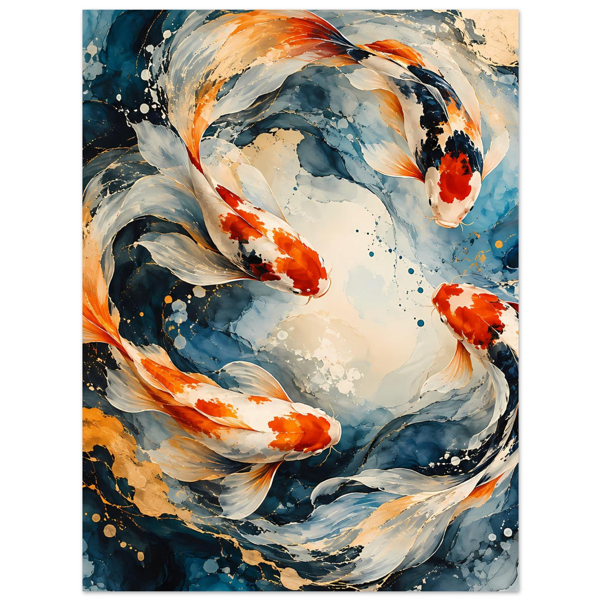 Kunstposter mit Koi-Fischen im Wasserschwirl, orangefarbene Flossen, Blau und Weiß, gerahmt