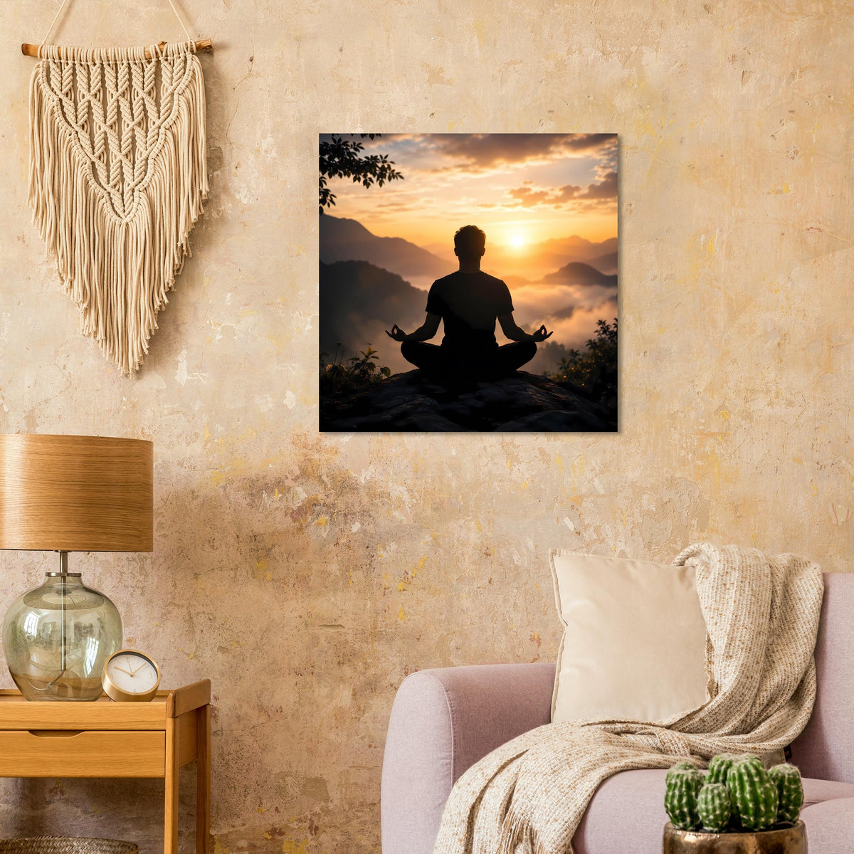 Quadratisches Poster mit meditierender Silhouette vor Sonnenuntergang und Bergen, schwarz gerahmt