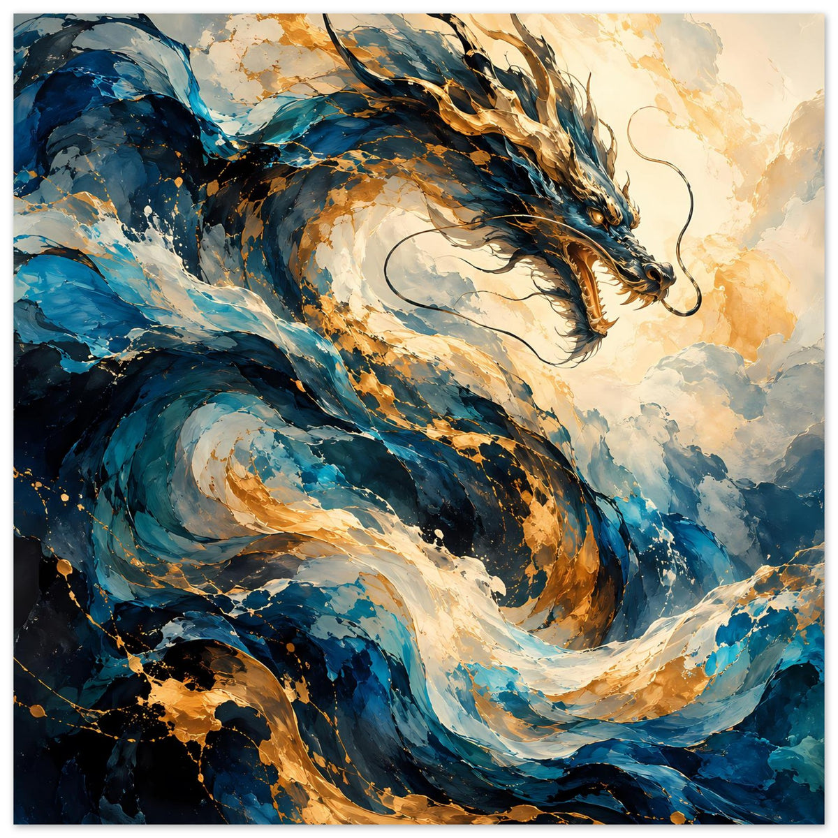 Drachen-Fantasyposter mit blauem und goldenem Drachen, weit ausgebreitete Flügel
