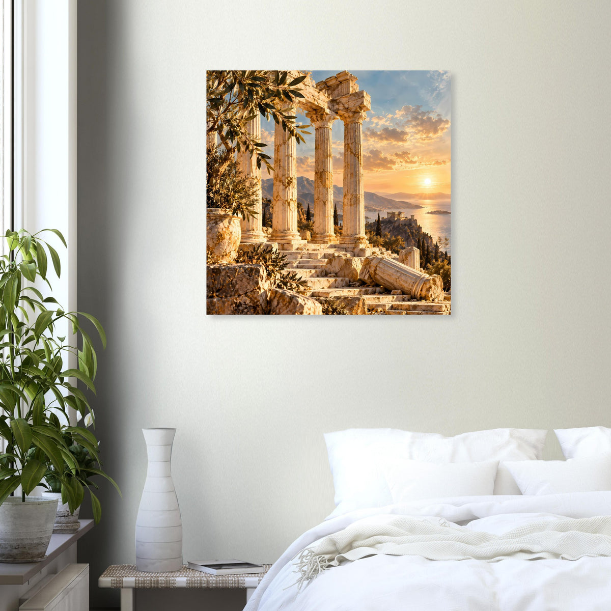 Quadratisches Poster mit Säulenruinen und Sonnenuntergang