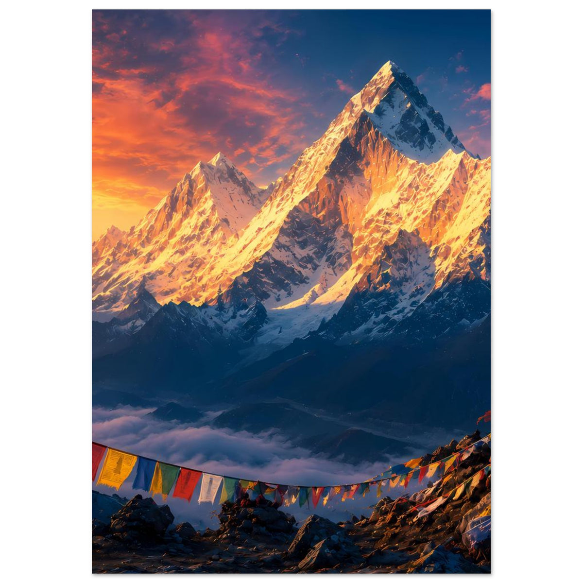 Hochformat-Poster: Himalaya-Berge im Sonnenaufgang, leuchtende Gipfel und Gebetsfahnen unten