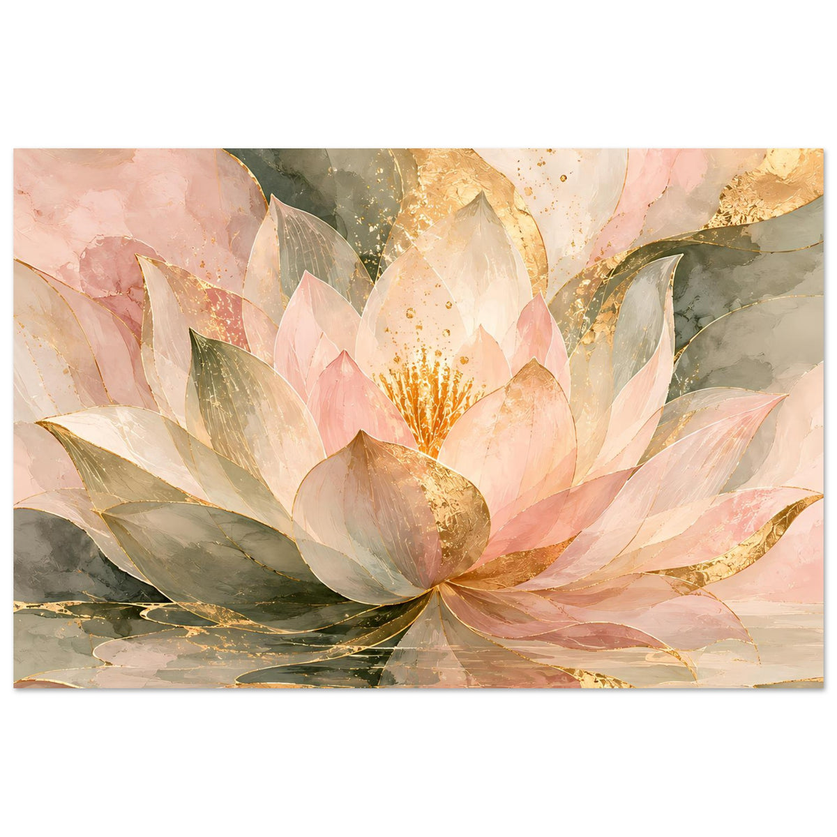 Horizontales Zen-Poster mit zarter Lotusblüte in Rosé, Gold und Grün