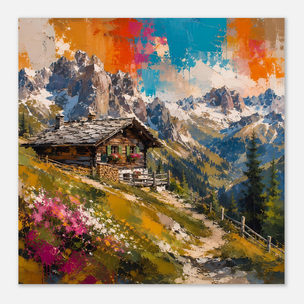 Gerahmtes Poster mit Alpenhütte, Berglandschaft und abstraktem Himmel in Blau und Orange