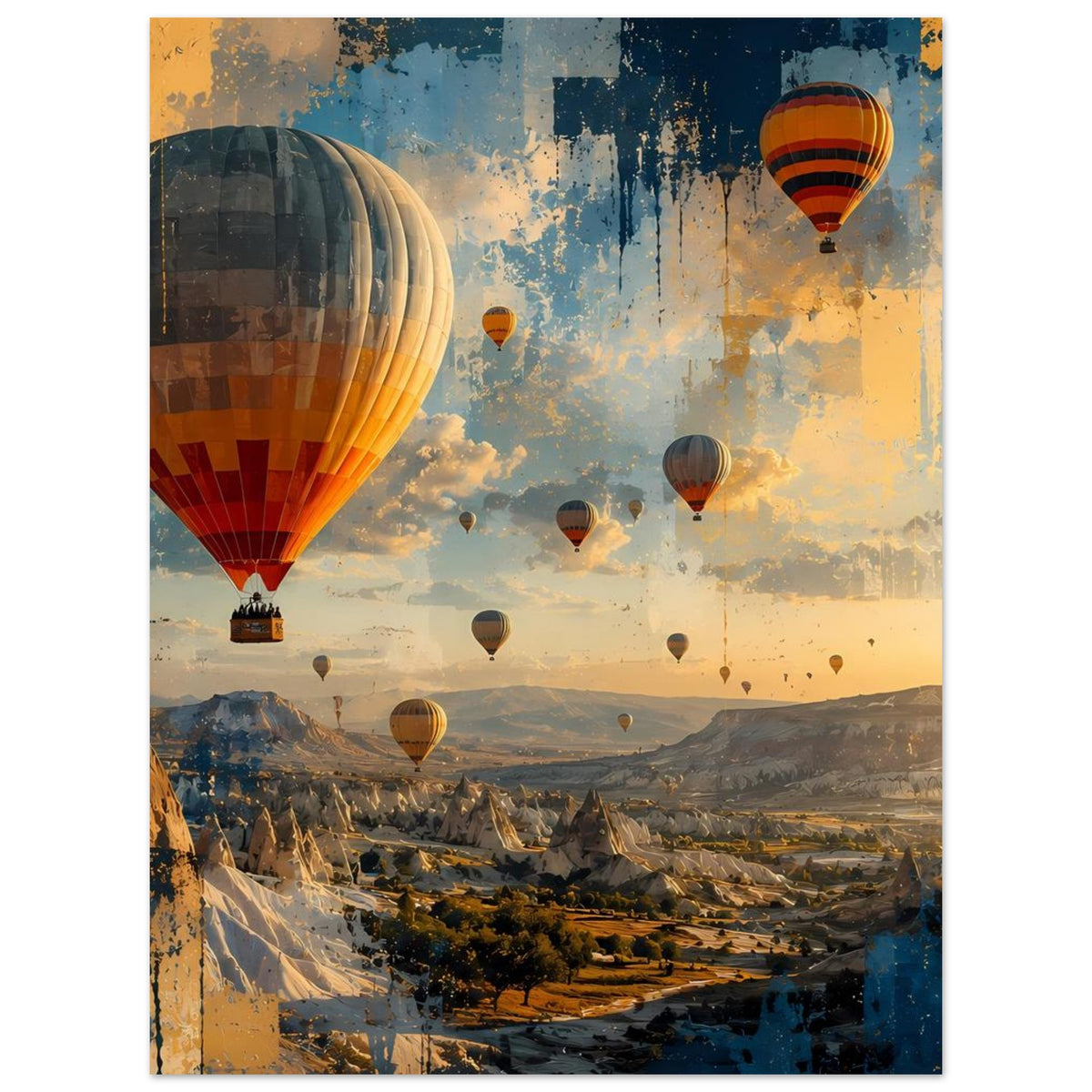 Poster mit Heißluftballons über Landschaft, abstrakter Stil, gelb-blau-orange Farbverlauf