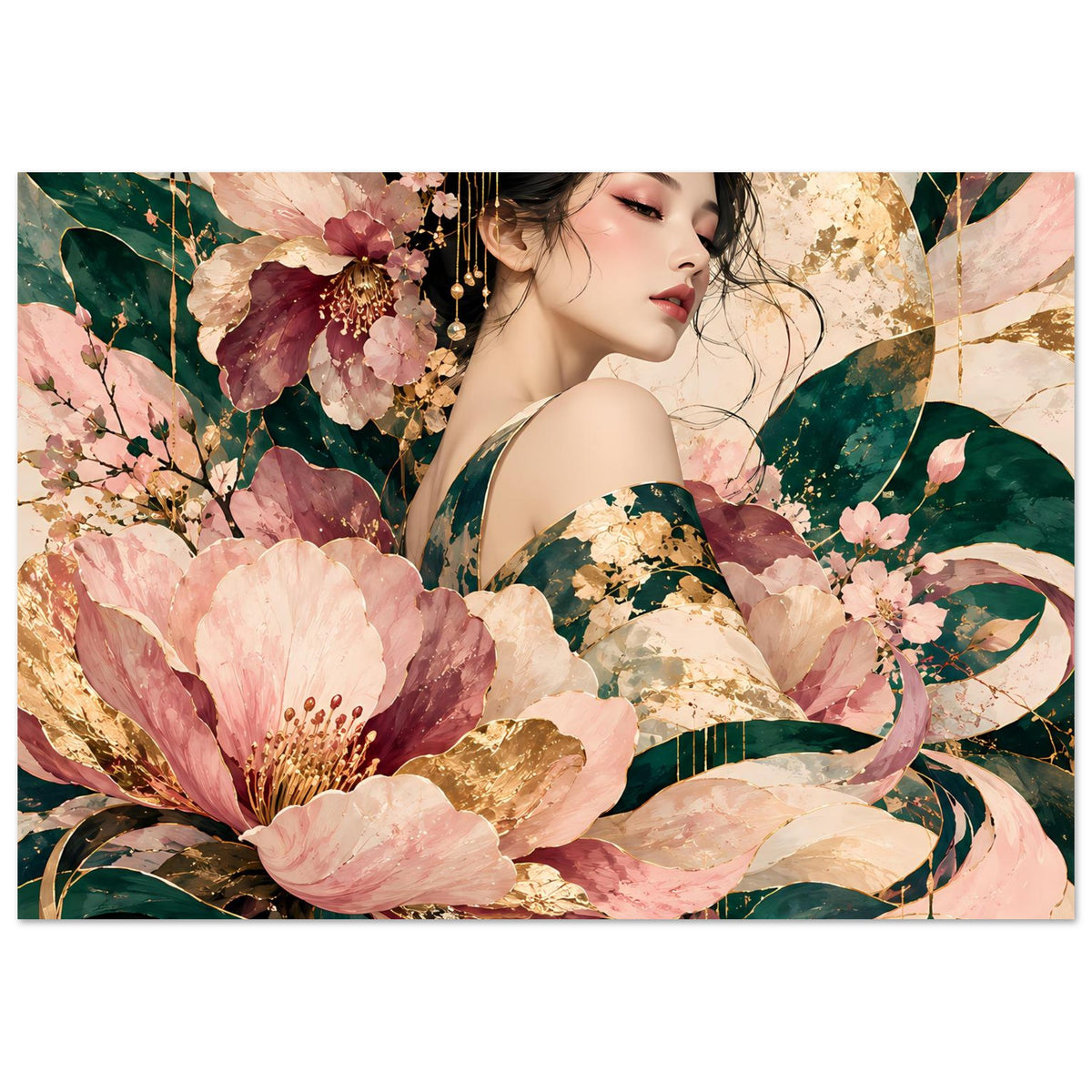 Elegantes Poster mit Frau und floralen Blüten in Rosé, Grün und Gold