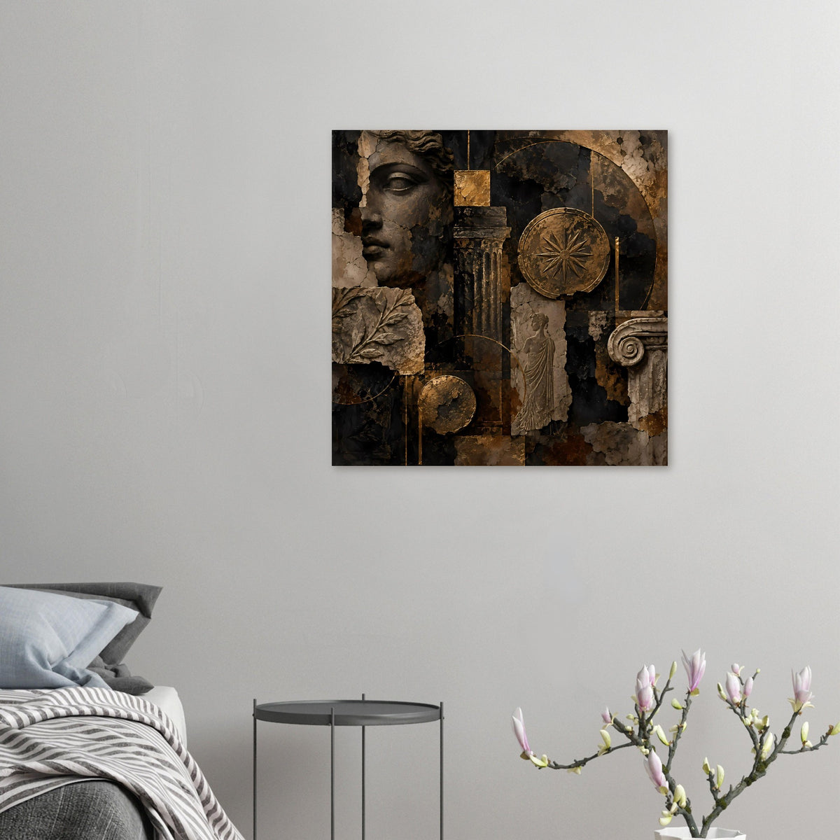 Kleines Wandposter mit antiker Büste, Medaillon und Säulenornamenten in Bronze und Dunkel