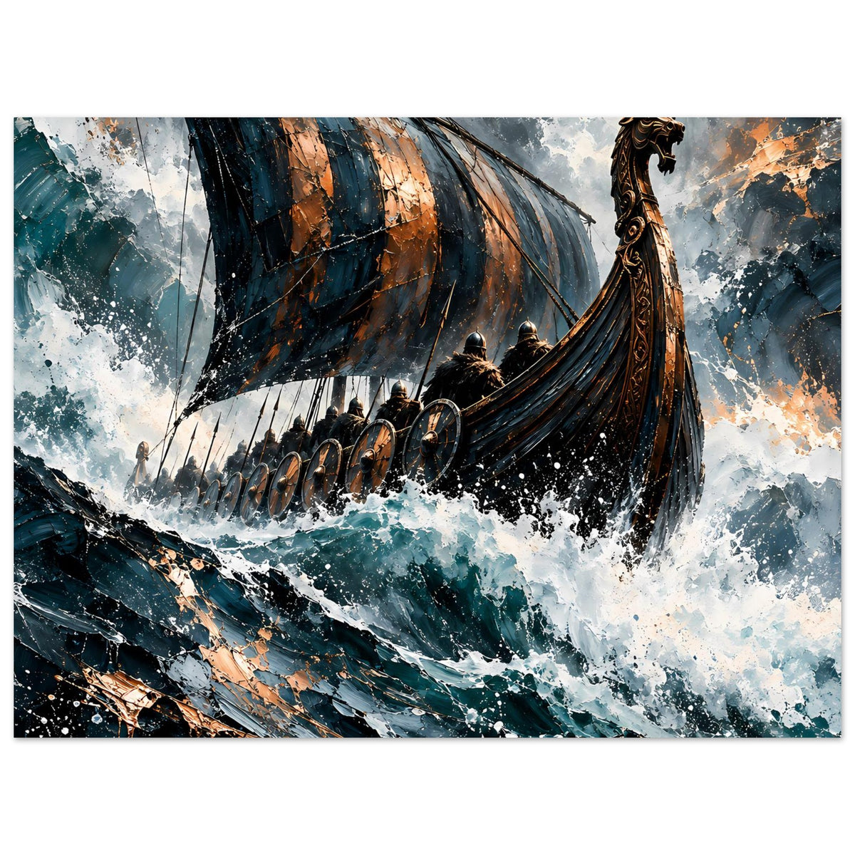 Poster mit Wikinger-Langschiff: Segel und Ruderreihen, starke Wasserfontänen und Sturmwolken