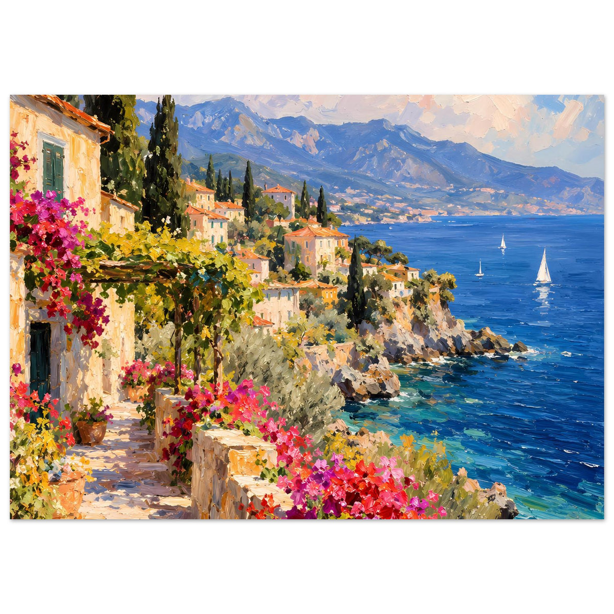 Mediterranes Küstenposter (Querformat): Häuser am Wasser, leuchtende Blumen, ruhige Bucht