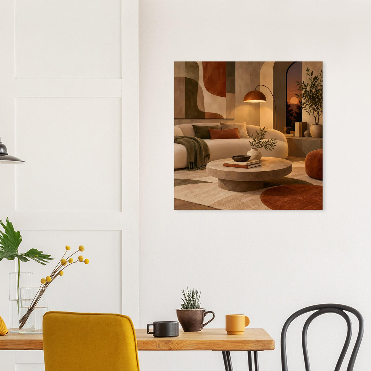 Abstraktes Kunstposter in warmen Erdtönen, quadratisch, an weißer Wand