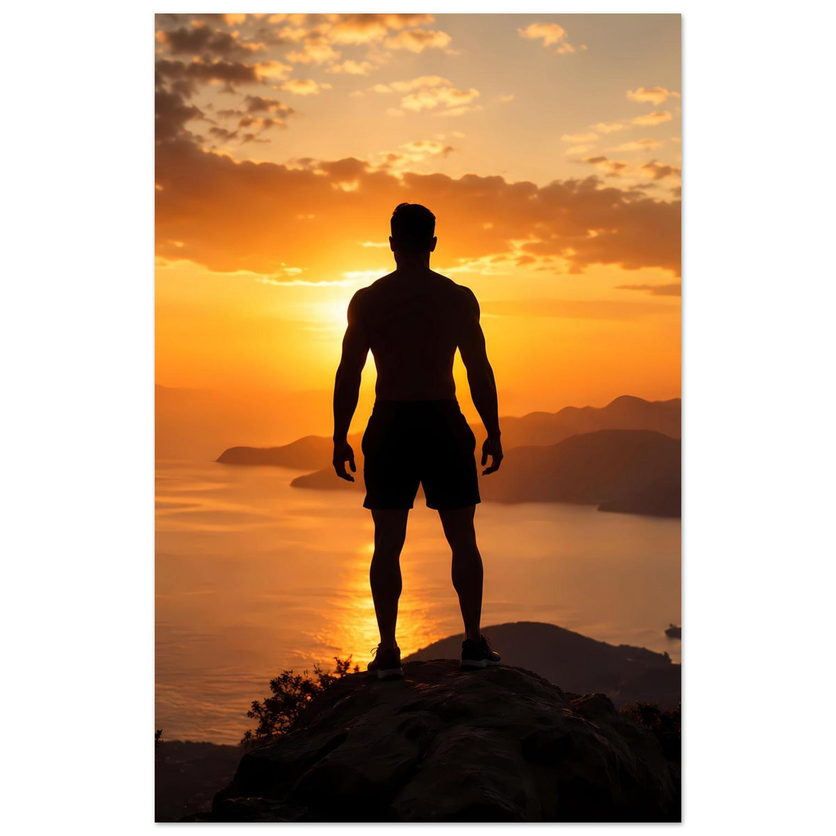 Sonnenuntergangs-Silhouettenposter, stehende Mannsilhouette auf Gipfel mit orangefarbenem Himmel