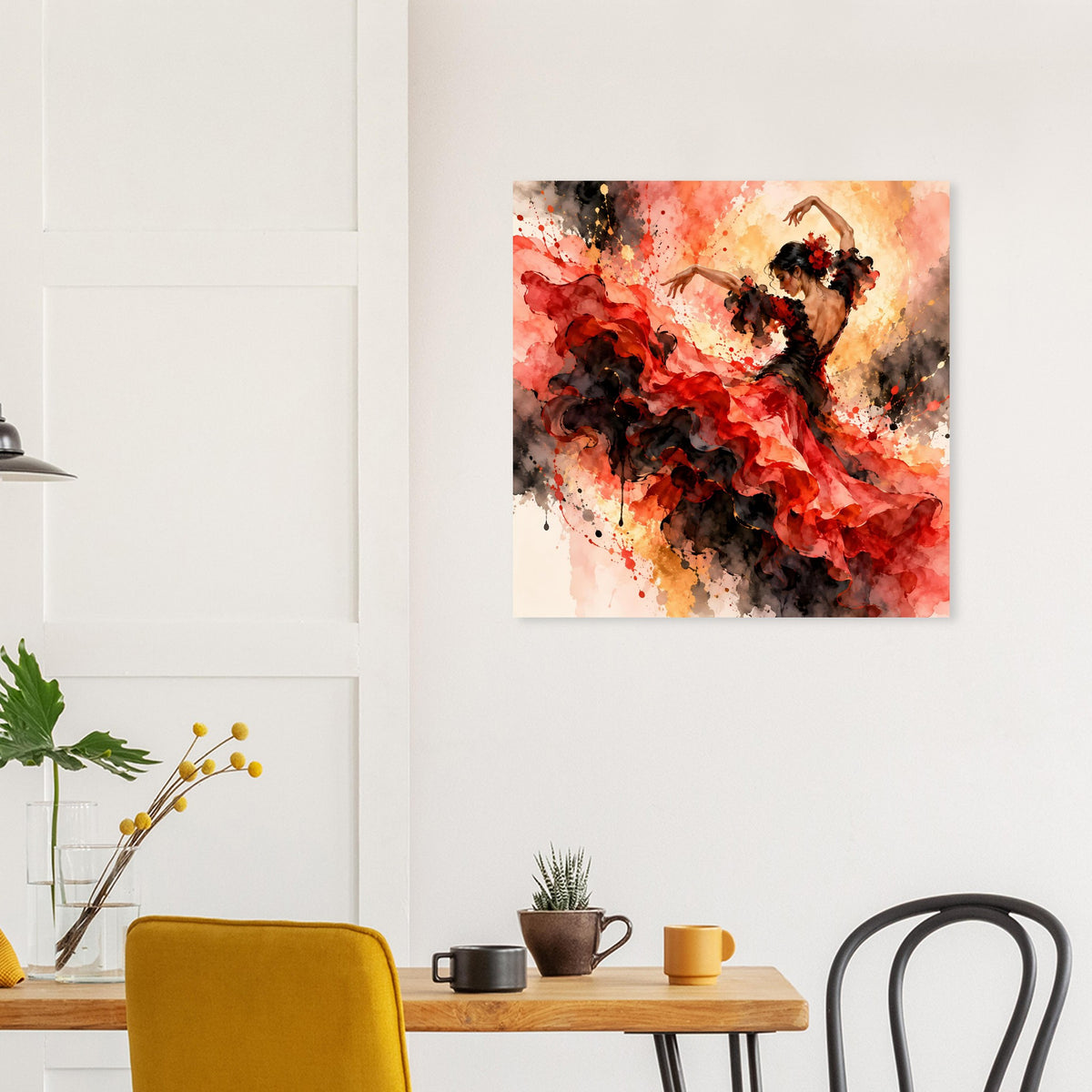 Quadratisches Wandposter mit Flamenco-Tänzerin in Rot und Schwarz, farbige Rauchwolken