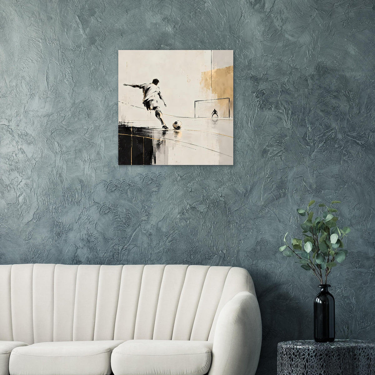Fußballkunst-Poster im neutralen Stil: Tor-Silhouette, beige und schwarze Pinselstriche