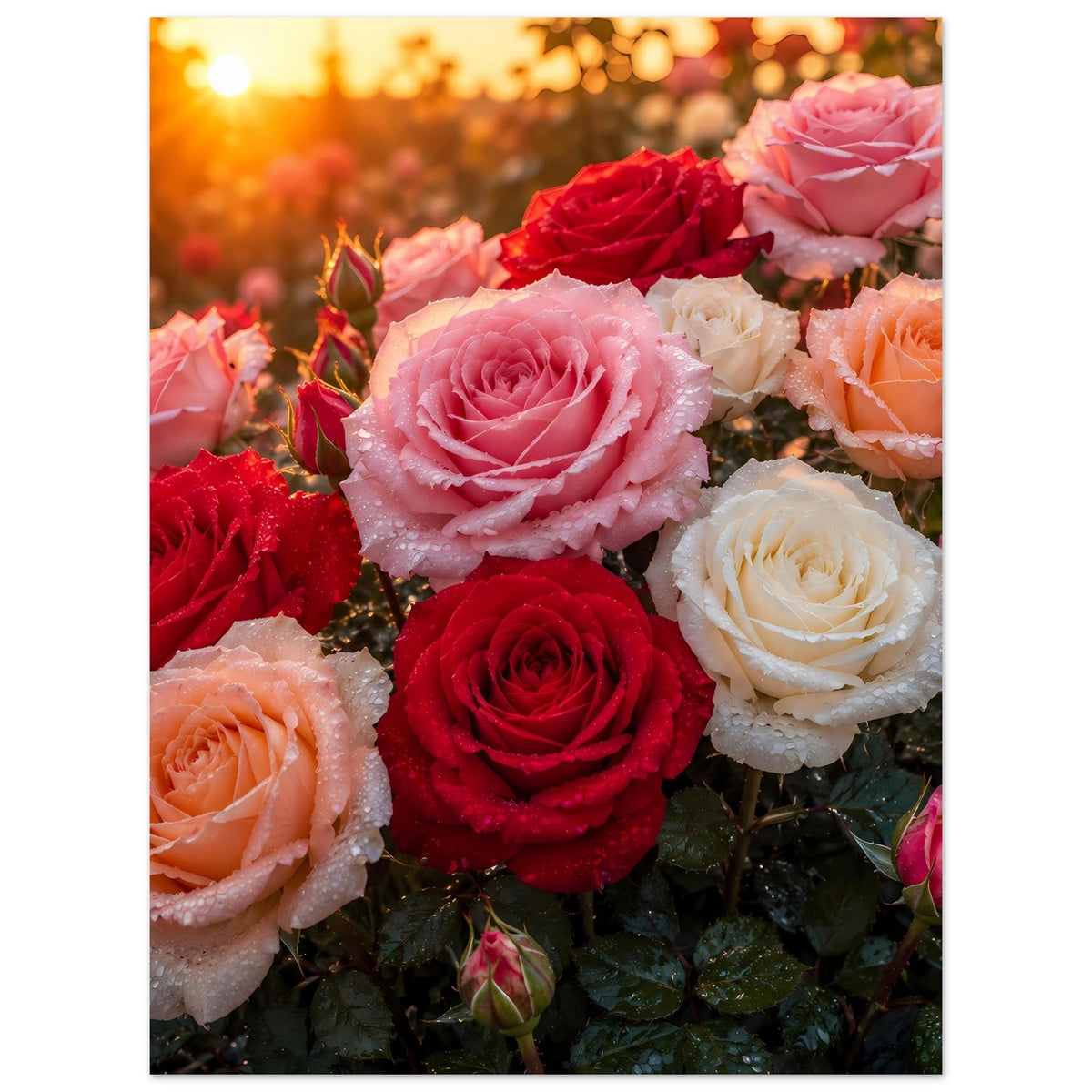 Poster mit Rosenstrauß in Rosa, Rot und Creme, mit weißem Rand