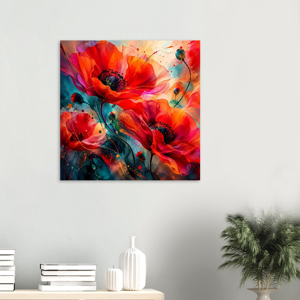 Quadratisches Blumen-Artposter mit roten Blüten, türkisfarbenen Spritzern und farbigen Sprenkeln
