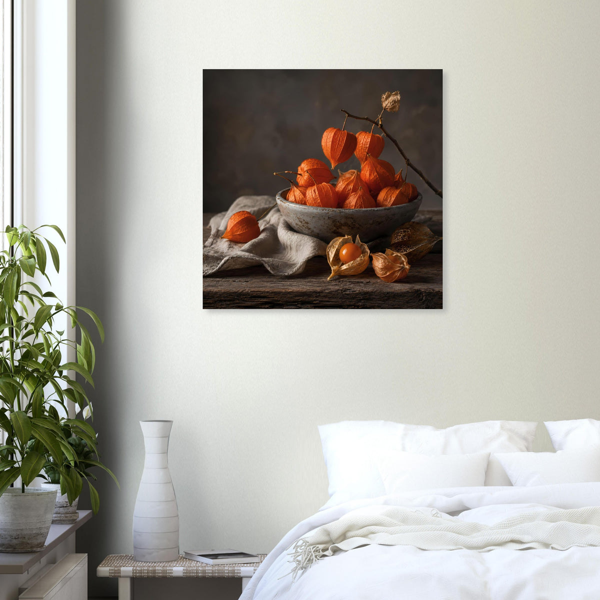 Herbstposter zeigt Schale mit orangefarbener Kürbisernte, Eicheln und Stoff