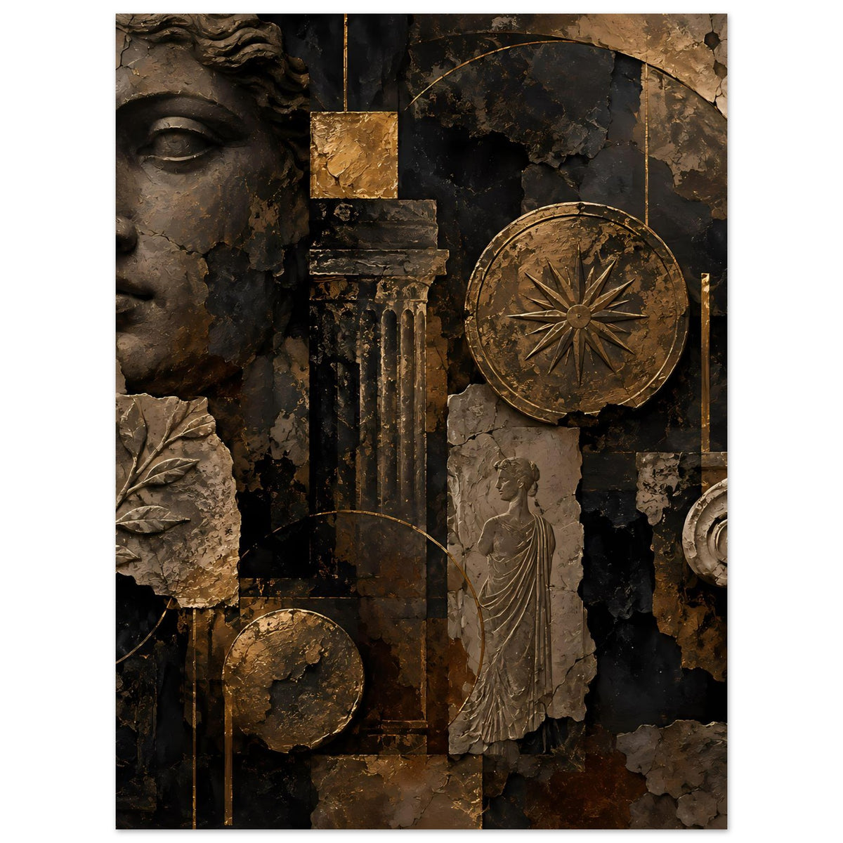 Wandposter mit Profilgesicht, Bronzrad im Kreis, Säule und Figur, schwarzbraune Optik