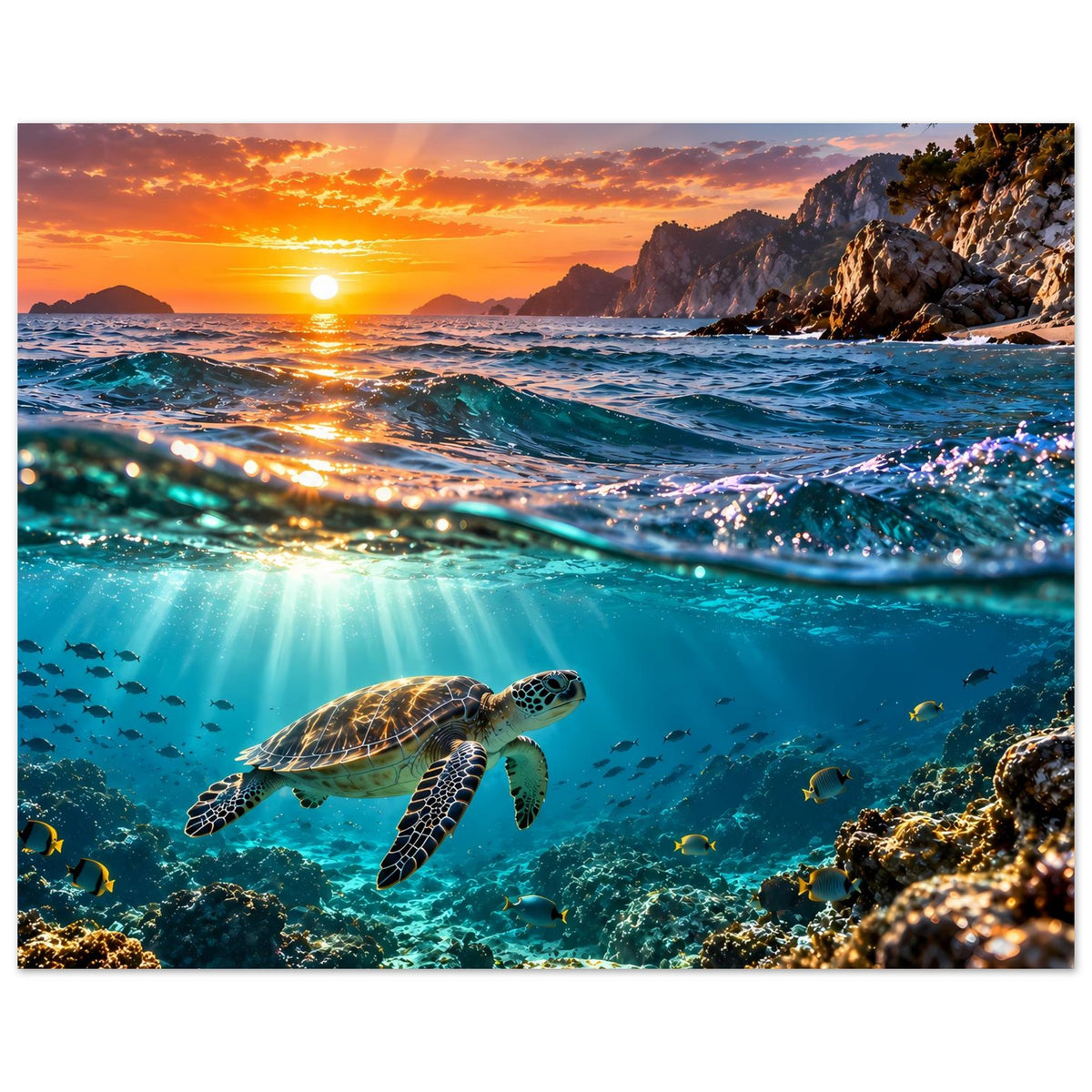 Querformat-Wandposter mit Meeresschildkröte, Wellen und Unterwasserfischen