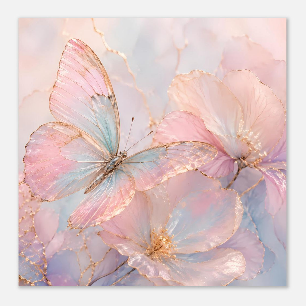 Aquarell-Poster mit Schmetterling und Blüten in Rosé, Blau und Gold