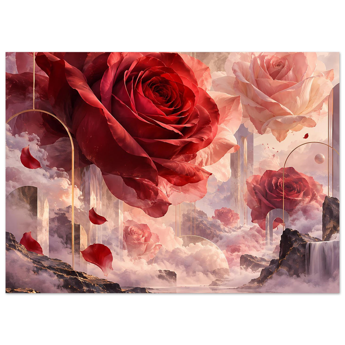 Surreales Rosen-Poster mit roten und zartrosa Blüten