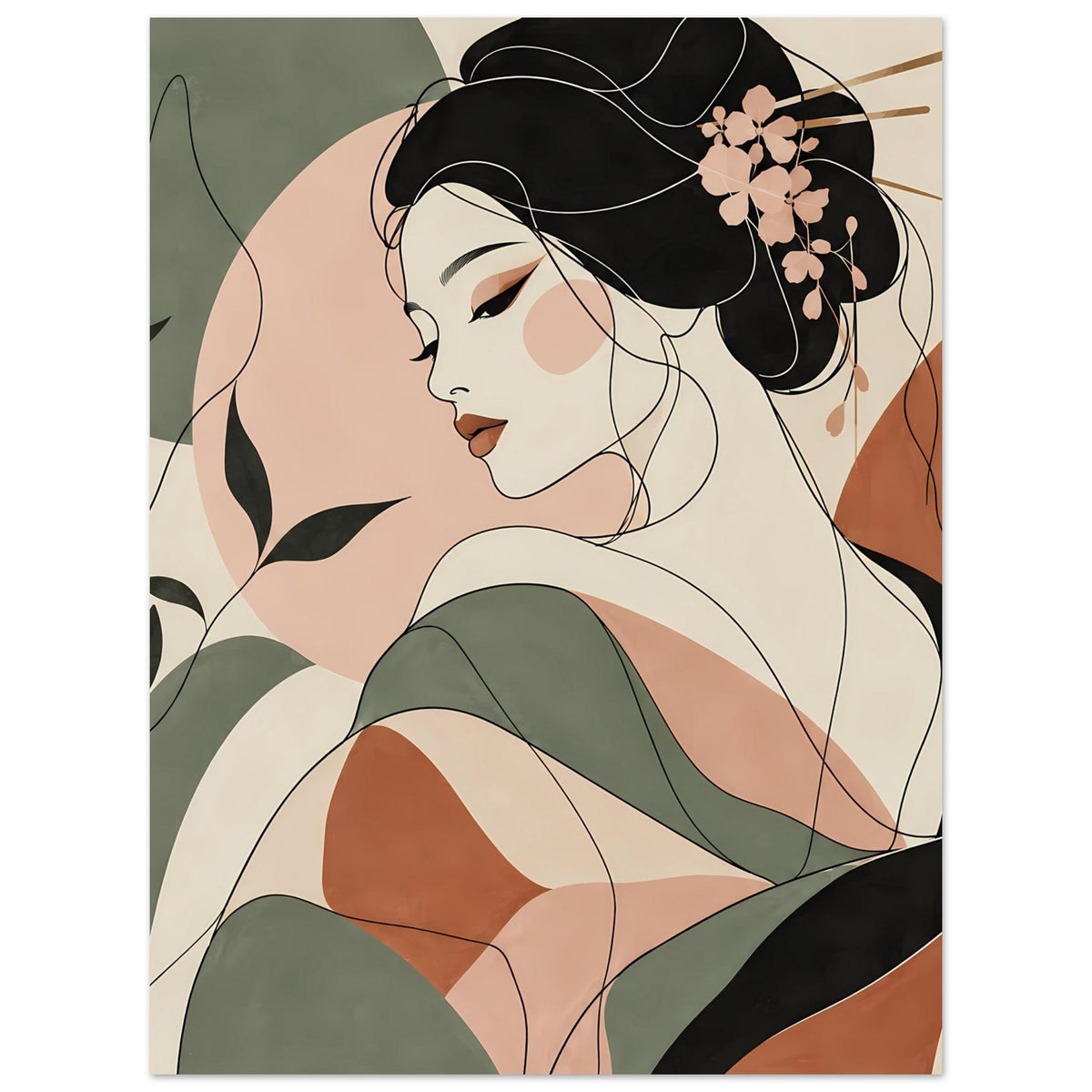 Zen-Poster: Geisha im Linienkunst-Stil, seitliche Ansicht mit grünem Kimono und geschwungenem Haar.