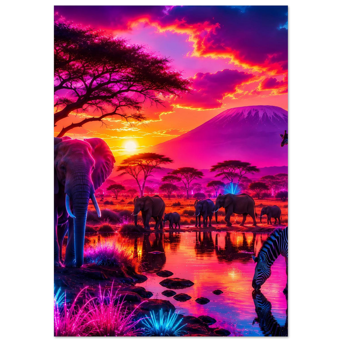 Safari-Poster (Hochformat): Elefant links, Giraffe rechts, Herde in der Savanne