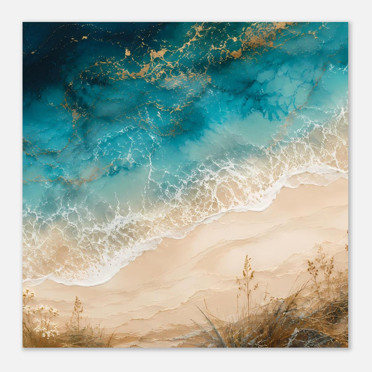 Strandposter „Ocean Breeze“: Türkises Wasser trifft auf sandigen Strand mit Strandgräsern.