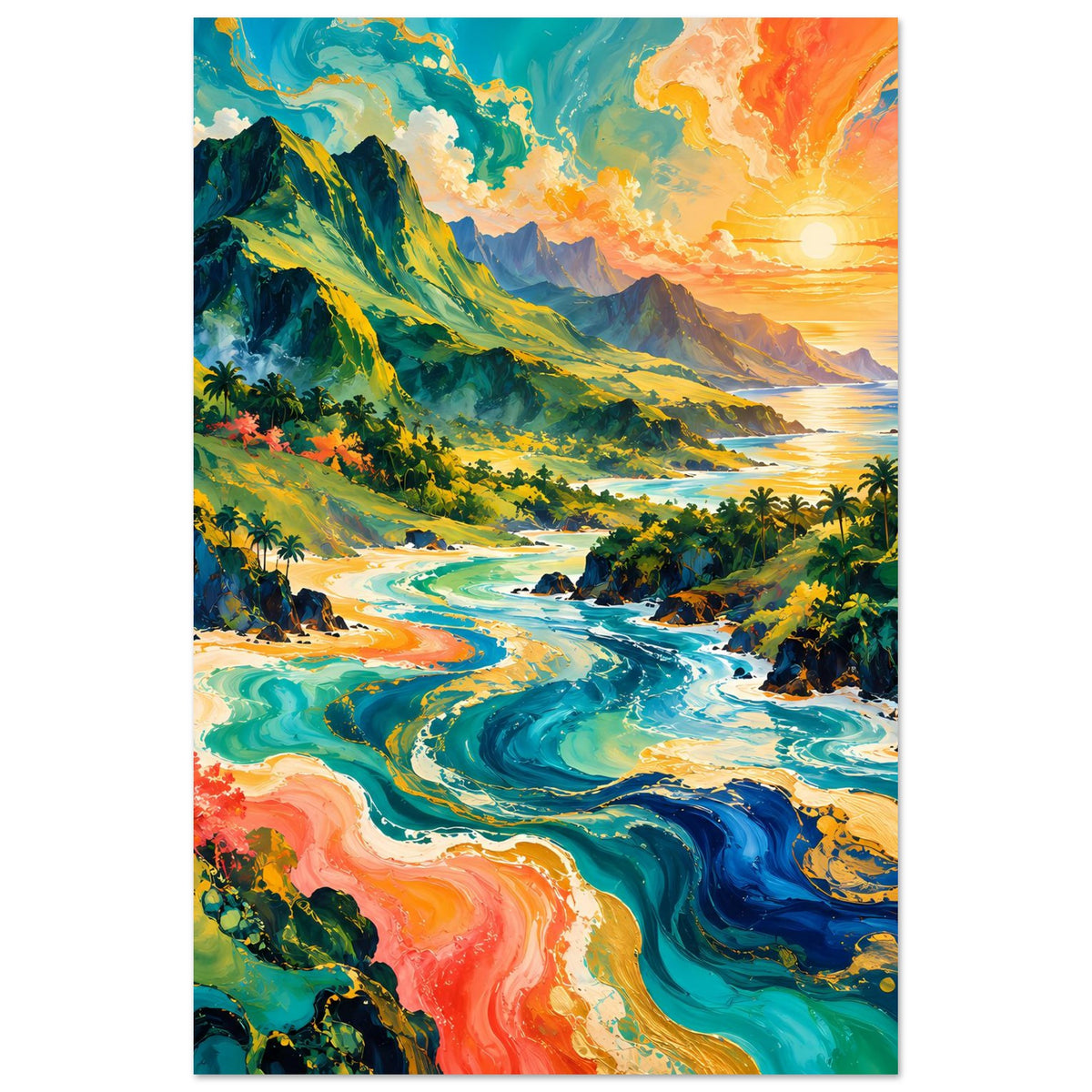 Tropisches Sonnenuntergangs-Poster, vertikal: farbige Fluss- und Meereswellen in Blau und Orange