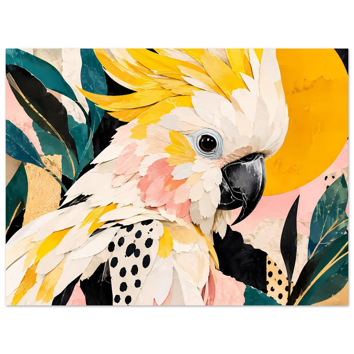 Kakadu-Poster im Querformat: weißer Kopf, schwarzer Schnabel und tropische Blätter in Petrol
