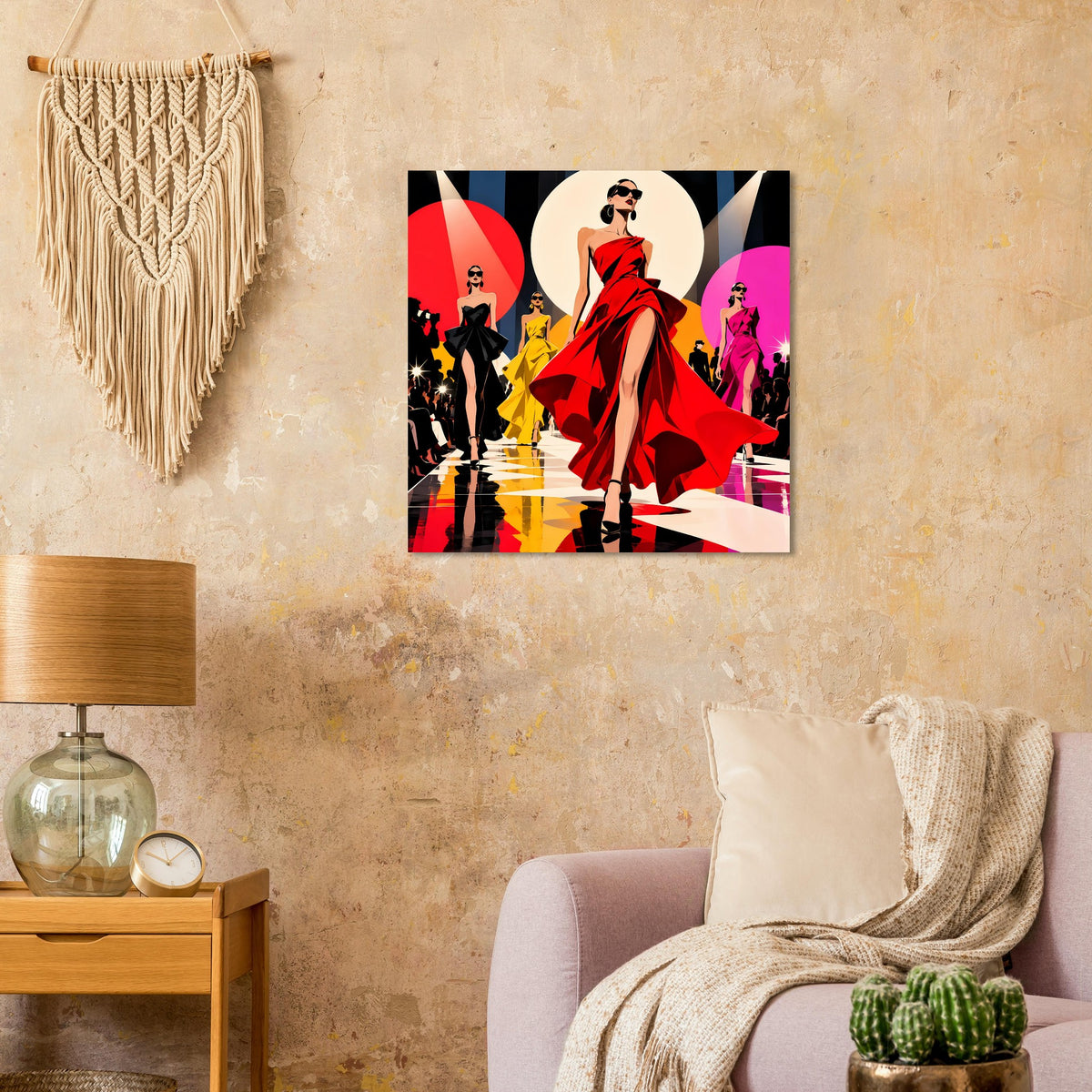 Gerahmtes Pop-Art-Poster mit lächelnder Frau im roten Kleid, starken Farben und Kontrast.