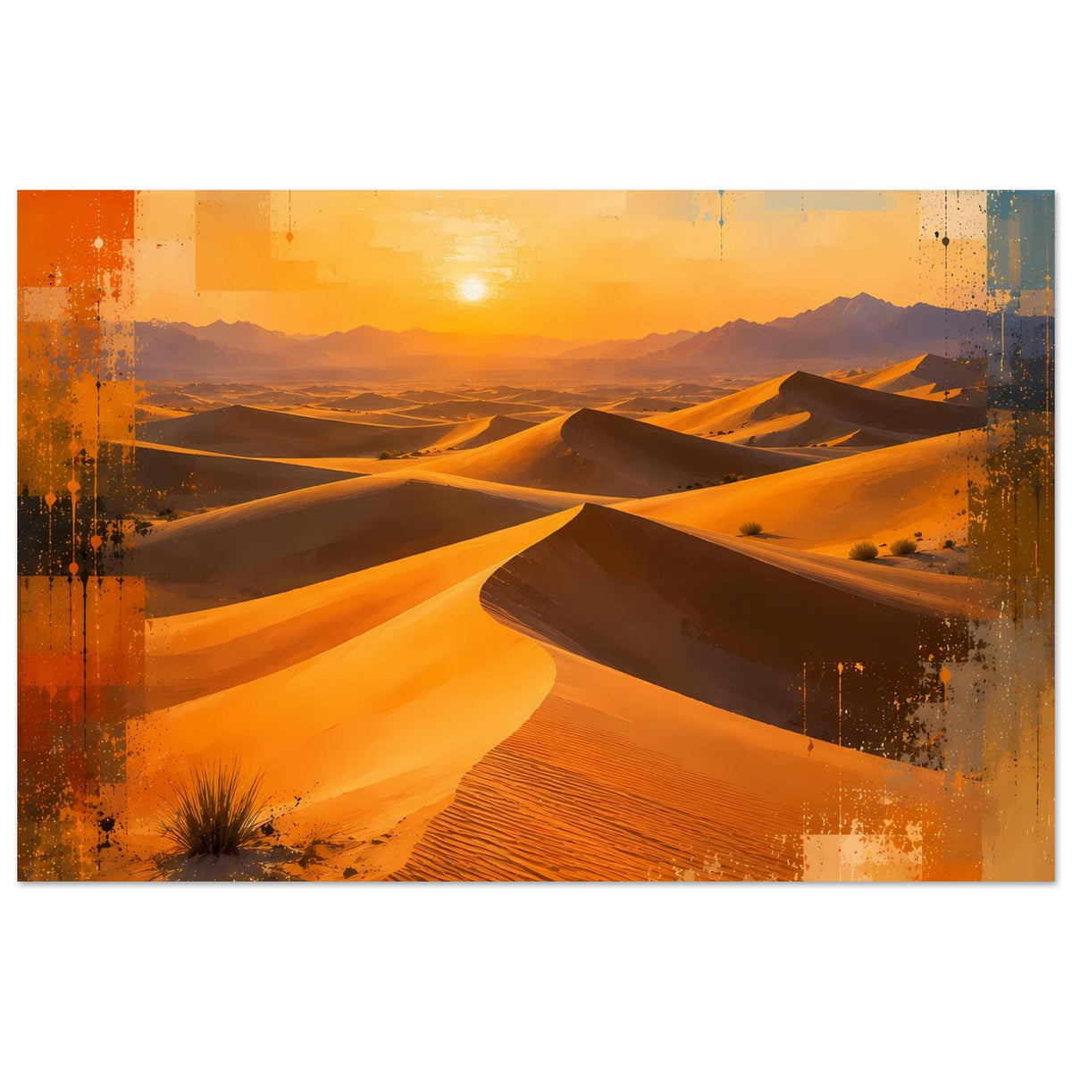 Wüstenlandschafts-Poster, horizontal: Dünen und abstrakte Farbflächen im Sonnenuntergang