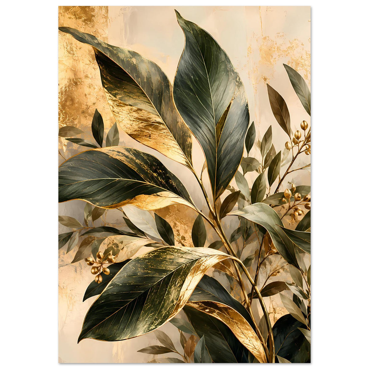 Botanisches Poster: gold schimmernde Blattadern, grüne Blätter und florale Zweige