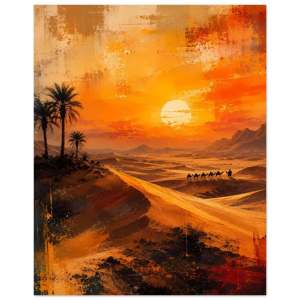 Poster mit Palmen am Rand, Karawane in der Ferne und leuchtender Sonne über Wüstendünen